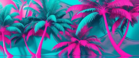 Stylized Teal and Magenta Palm Trees on Blue Reflective Surface photo