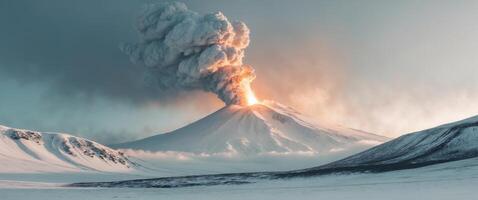 Erupting Volcano in Snowy Landscape with Plume of Smoke and Ash photo