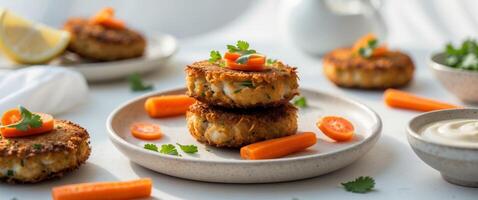 Crab cakes with carrots and dip on white plates photo
