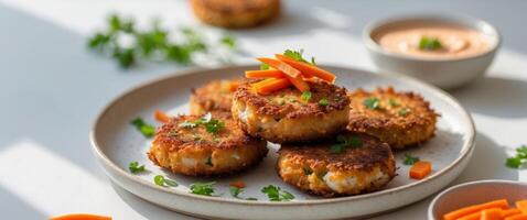 A plate of crab cakes with carrots and dip photo