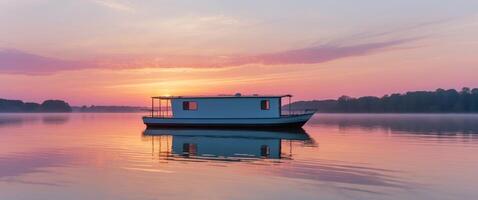 A small boat is floating on the water at sunrise photo
