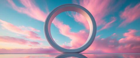 A circular object in front of a pink sky photo