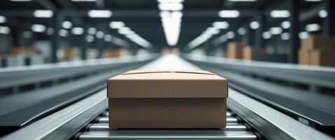 A cardboard box on a conveyor belt in an empty warehouse photo