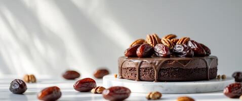 A chocolate cake with dates and nuts on top photo