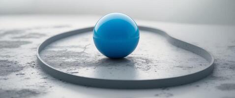 A blue ball sits on top of a curved surface photo