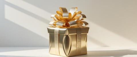 Gold gift box with ribbon and bow on white background 3d rendering photo
