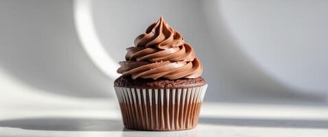 A chocolate cupcake with a frosting swirl photo