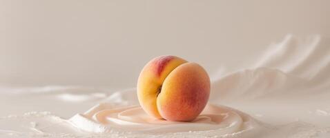 A ripe peach resting gently on a soft textured surface photo