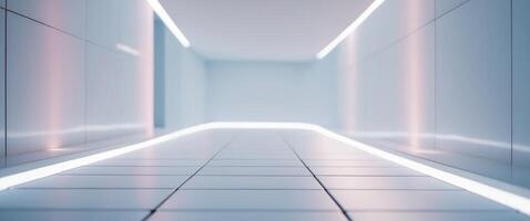 A long hallway with white walls and a light photo