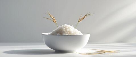 White Rice in Bowl with Rice Stalks on Light Surface Background. photo