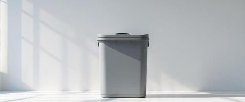 Gray recycle bin with lid displayed on white surface. photo