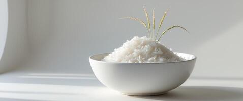 White Rice in Bowl with Rice Stalks on Light Surface Background photo