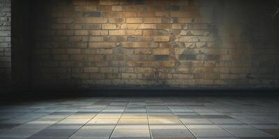 An empty room with a brick wall and tiled floor photo