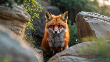 A red fox is sitting on a rock in the woods photo