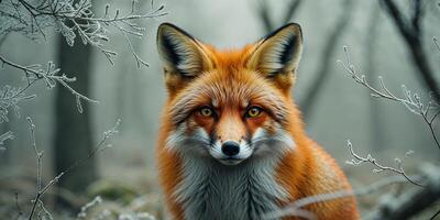 A red fox is standing in the middle of a forest photo