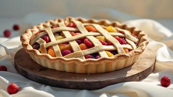 A delicious lattice topped pie with colorful fruity filling on a board. photo