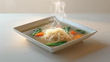 A delicious bowl of soup with noodles and vegetables presented photo