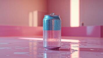 A cold beverage can with condensation sits on pink surface photo