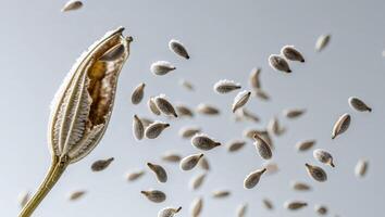 A macro image of seeds scattered as they fall from a milkweed pod photo