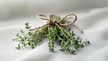 A perfectly balanced macro image of thyme sprigs bound together by twine photo