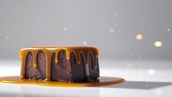 A decadent dessert showcasing chocolate and flowing caramel topping photo
