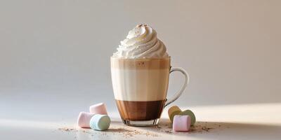 A delicious beverage topped with whipped cream and marshmallows is shown. photo