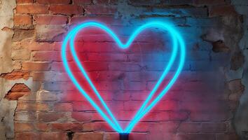 A blue neon heart with a red outline glows on a brick wall photo