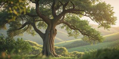 A tree stands in the middle of a green field photo