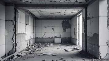 A room with a broken wall and a door photo