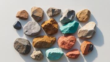 A tight shot of various colored rocks arranged in the image's center. photo