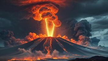 A large volcano with a huge fire spewing out of it. photo