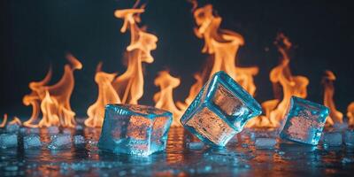 Ice and Fire Conceptual Background with Flames and Ice Cubes for Visual Contrast and Dramatic Effect. photo