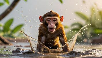 Monkey splashing in muddy water while expressing surprise in a natural habitat. photo
