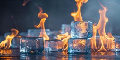 Ice and Fire Conceptual Background with Flames and Ice Cubes for Visual Contrast and Dramatic Effect photo