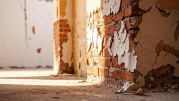 Sunlit Corner of a Derelict Building with Peeling Plaster and Exposed Brickwork. photo