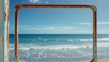 Rusty metal frame with a view of the ocean in the background during daylight hours on a clear day. photo