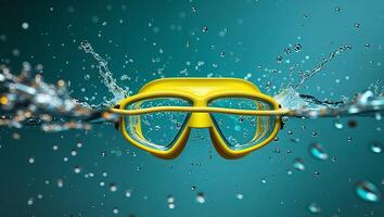 Floating yellow diving goggles with a splash effect on a glossy teal background. photo