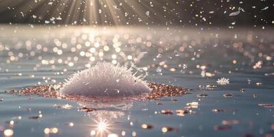 A snow ball floating in the water with a sun shining photo