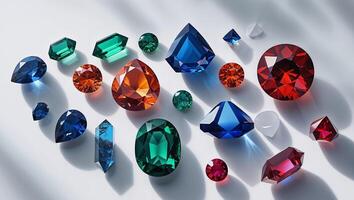 A group of colorful gems on a white surface photo