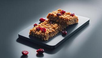 Two pieces of cereal bars with cranberries on top photo