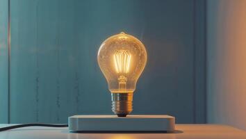 A light bulb is on a table in front of a wall photo