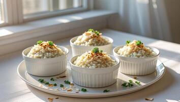Four bowls of rice with a garnish of parsley photo