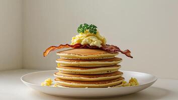 A stack of pancakes with bacon and eggs on top photo