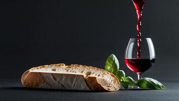 Sliced Crusty Bread with Red Wine and Basil on Dark Background photo