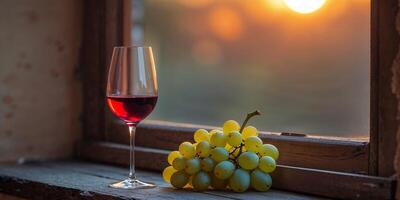 Windowsill with wine and grapes at sunset photo