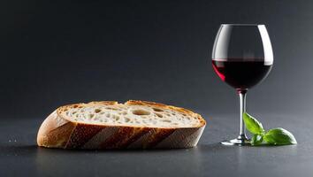 Sliced Crusty Bread with Red Wine and Basil on Dark Background. photo