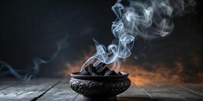 Smoke Rising from a Charcoal Bowl in a Dark Ambient Setting. photo