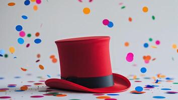 A red top hat resting amidst falling celebratory confetti. photo