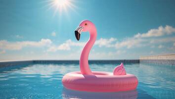 Flamingo floating in pool with sun shining through photo