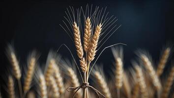 Natural Wheat Sheaf with Rustic Tied String on Dark Background. photo